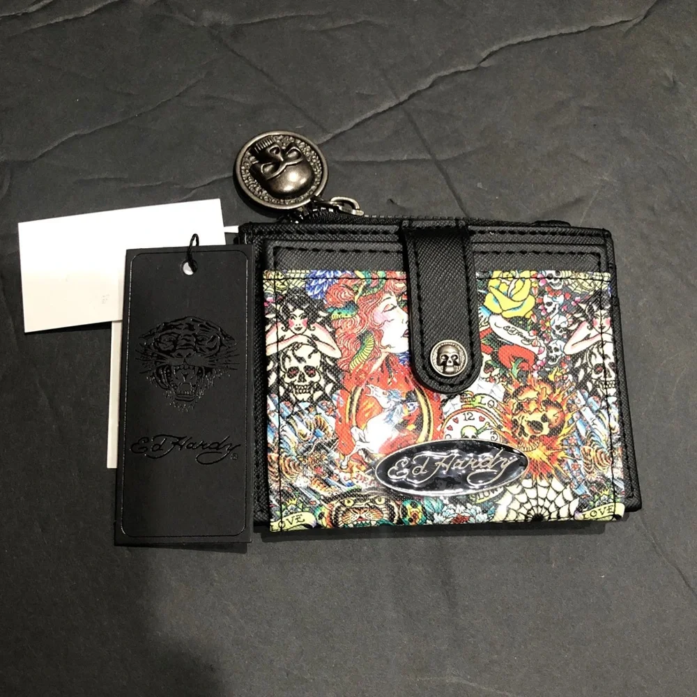Ed Hardy black bifold‎ ed hardy multi graphics print slim card case brand new